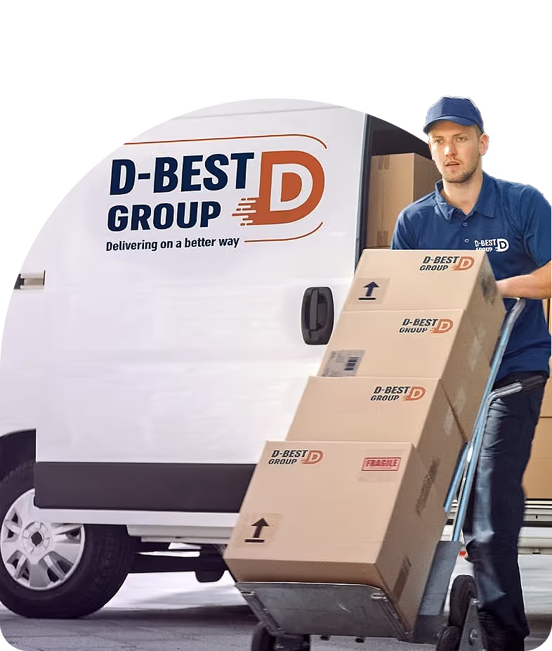 Delivery worker in blue uniform unloading stacked boxes from a white van branded 'D-BEST GROUP'.