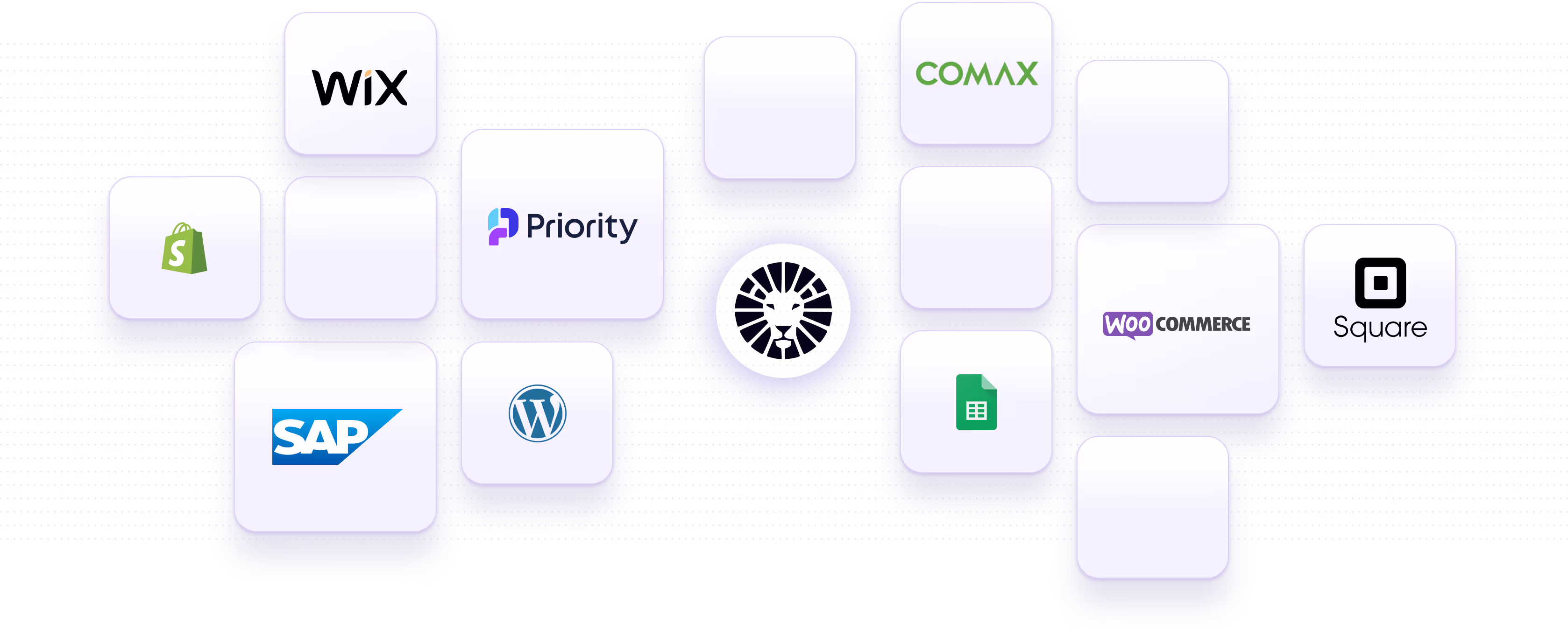 Grid of logos including Wix, Shopify, Priority, SAP, WordPress, Comax, Google Sheets, WooCommerce, Square, and a lion head emblem.
